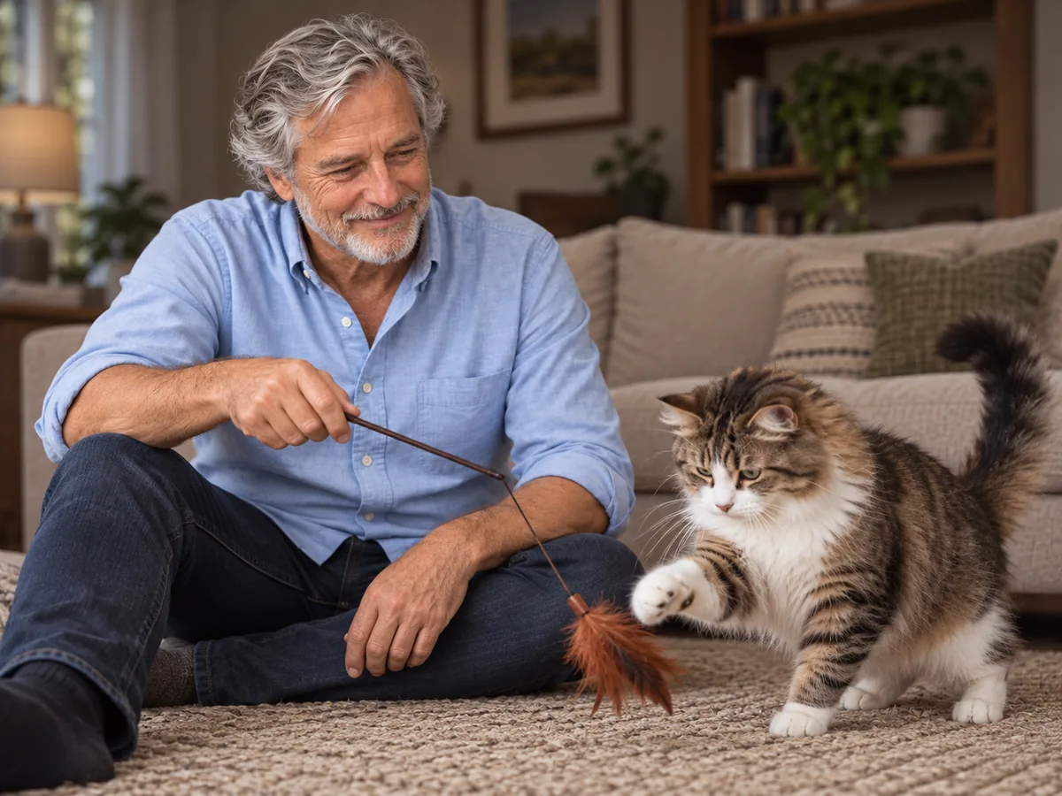 Frank playing with his cat using a feather toy