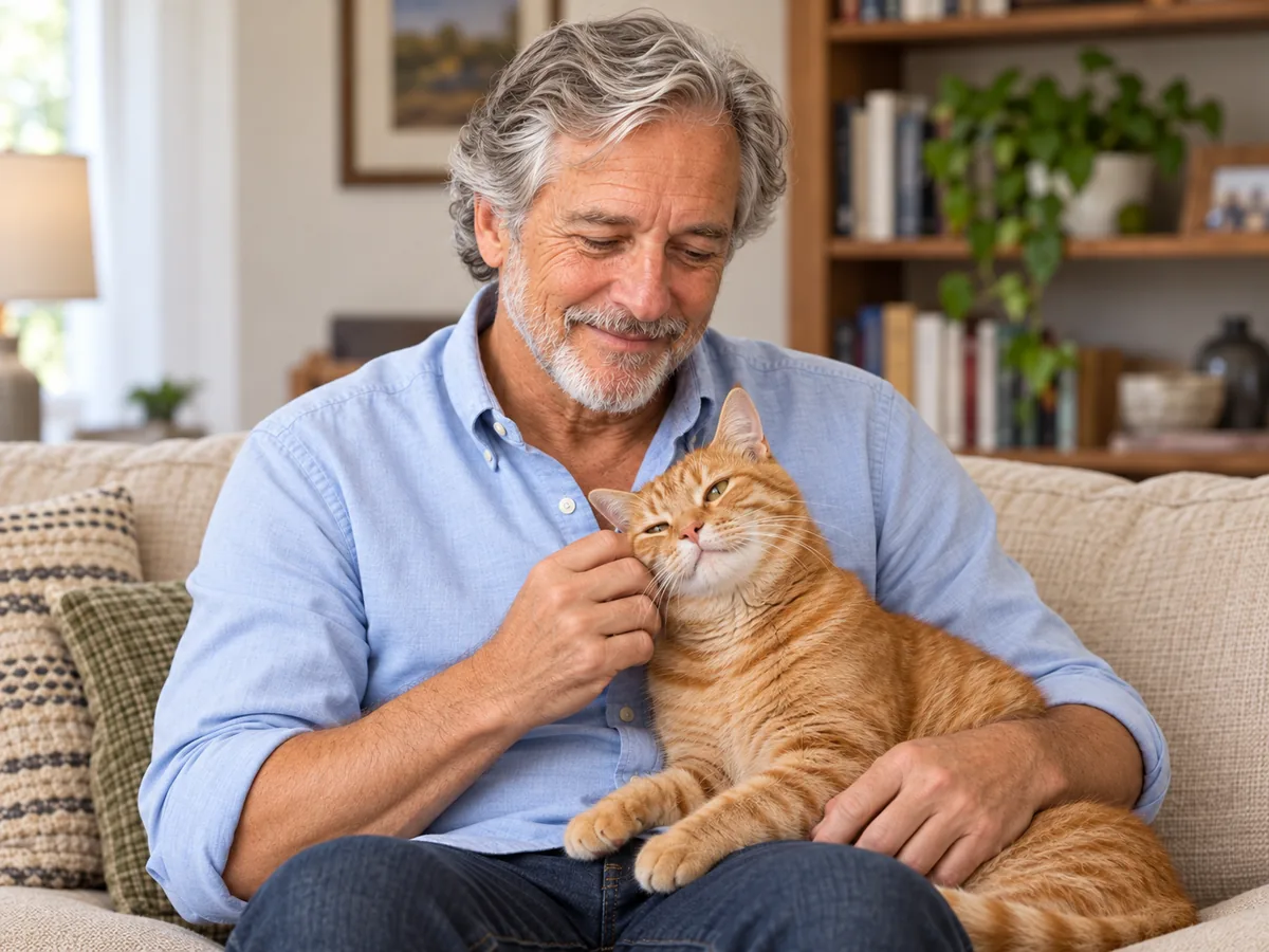 Frank Hadley on his sofa with his orange cat